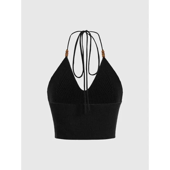 Women's Crochet Halter Top Acrylic V Neck Crop for Beach Party Night Out - Picture 2 of 5